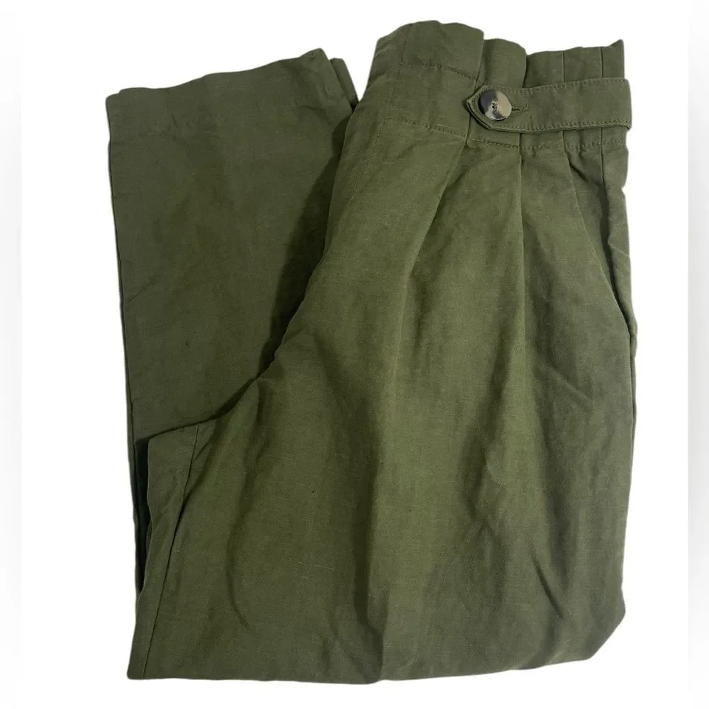 Zara Paperbag Waist Linen Blend Barrel Leg Pants Size MEDIUM Army‎ Olive Green